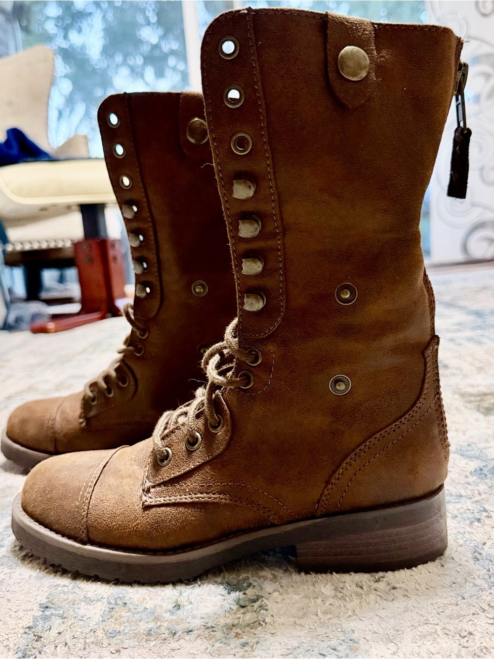🍂 American Eagle Brown Combat Boots Lace Up Fold Over Knit Cuff Back Zip
